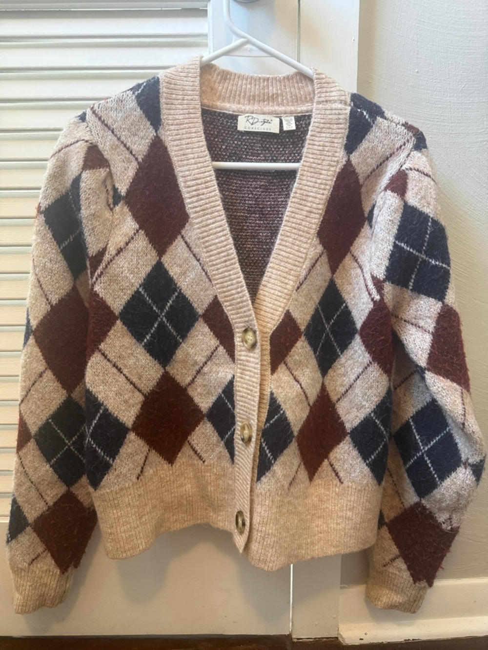 RD Style Beige Argyle Cardigan with Brown and Black Diamonds